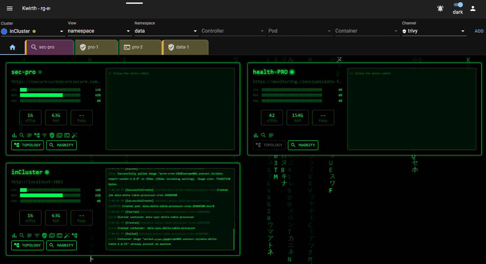 Matrix homepage with live event log and utilisation bars