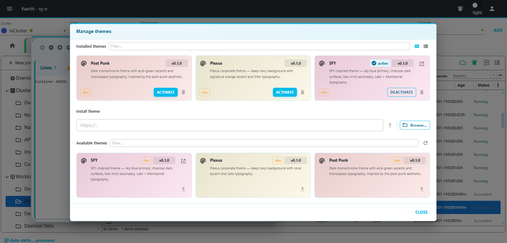 ThemeManager dialog showing installed themes